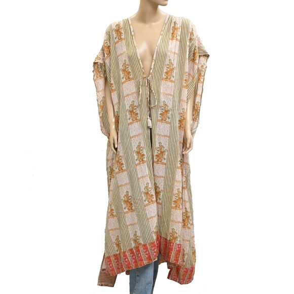 Free People Printed Long Kaftan Maxi Top Cover Up Kimono Oversized L NWD 283034 - Picture 1 of 5
